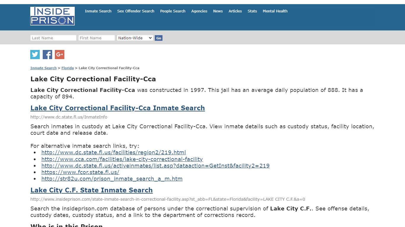 Lake City Correctional Facility-Cca - Florida - Inmate Search